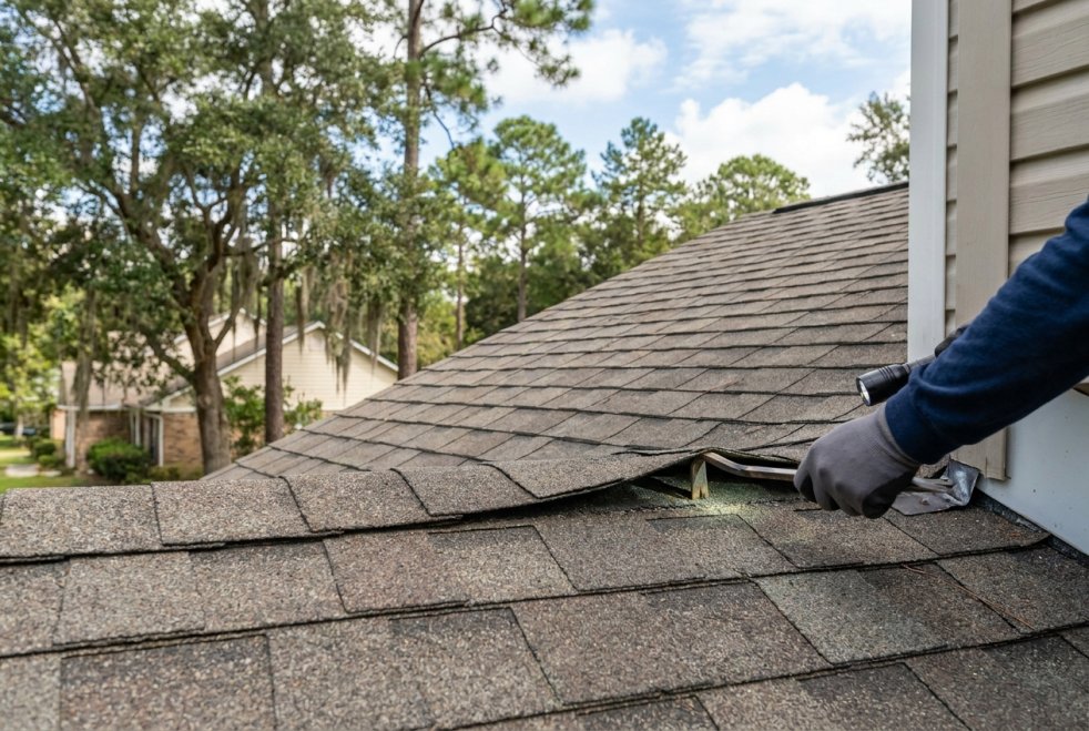 Roofing contractor inspecting lifted shingles for leaks on a suburban home roof